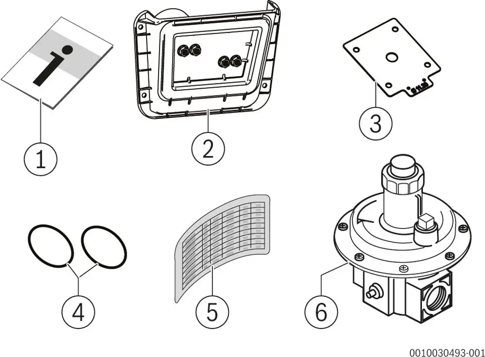 Montageanleitung für einen Bosch-Gasumbaukit, bestehend aus verschiedenen Bauteilen wie Abdeckplatte, Anschlussstück und Filtern für den Umstieg auf Flüssiggas.